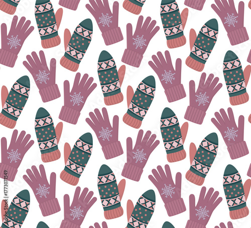 Winter pattern of gloves with snowflakes and knitted mittens. Seamless background with feminine warm accessories