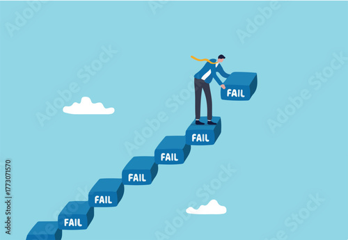 Improve from failure build up stair to success, challenge and ambition to never give up, learn to fail as path to achieve goal concept, strive businessman build stair to success with his failure.