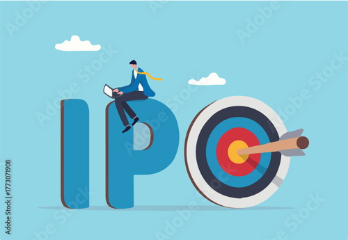 IPO, initial public offering, company go public in stock market, investment opportunity or make profit from new stock concept, businessman trader trading stock on alphabets IPO with bullseye target.