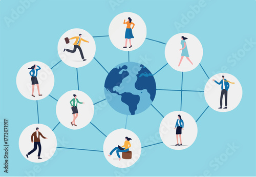 Global network community, offshore or remote work around the world, social media or work networking, connect or link people together concept, business people connect with line around global world.