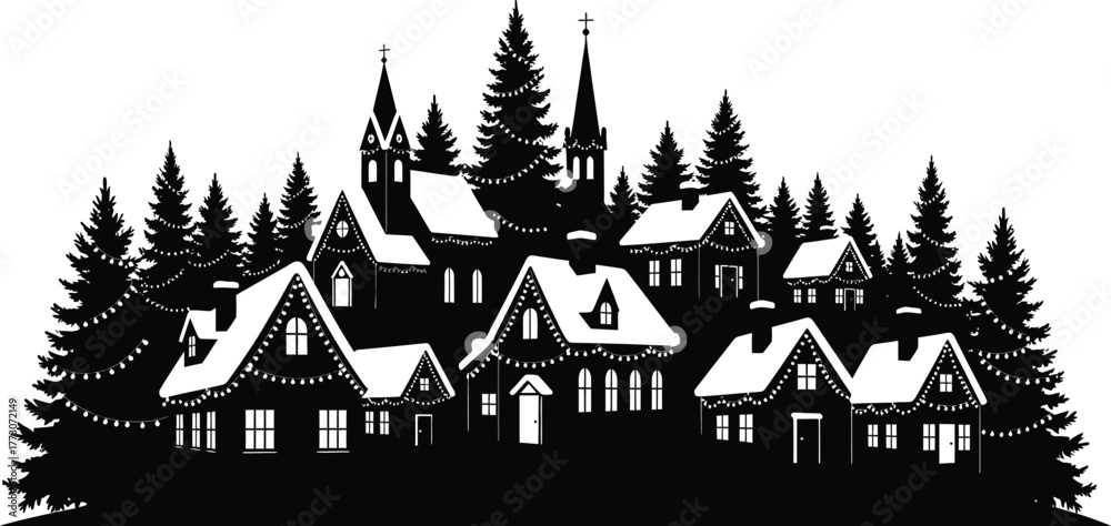 Obraz premium Charming winter village silhouette with snowcovered houses, church, and christmas trees adorned with festive lights