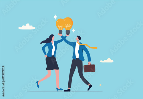 Exchange idea, creativity and innovation, brainstorming or sharing intelligence data, solution or communication, discussing or learn together, businessman and woman share lightbulb idea to colleagues.
