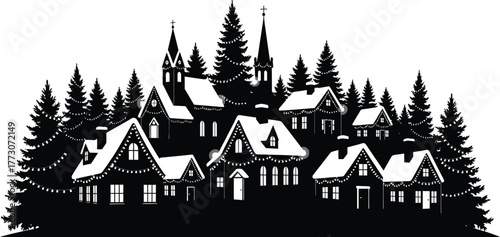 Charming winter village silhouette with snowcovered houses, church, and christmas trees adorned with festive lights