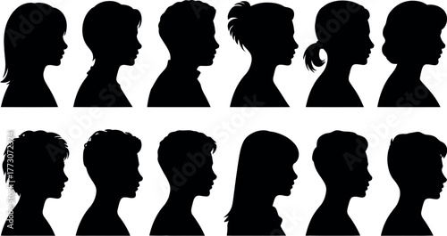 Silhouette portraits of people with various hairstyles in black and white