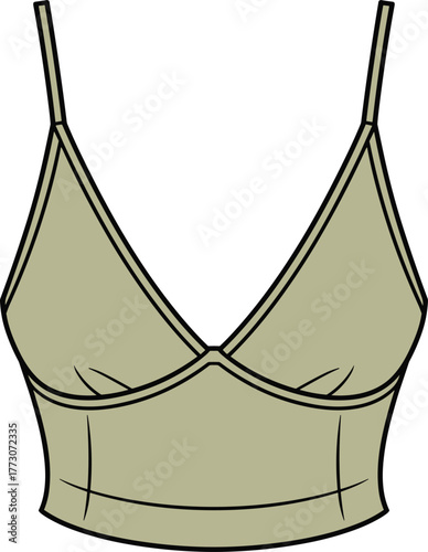 Olive green cropped tank top bralette sketch, thin straps, deep V-neckline, structured cups, seam detailing, fitted bodice, curved hemline, illustration