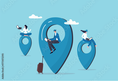 Digital nomad, freedom to work anywhere by using computer with internet, work and travel freelancer, remote job concept, young adult man and woman working on map location pin using computer laptop.