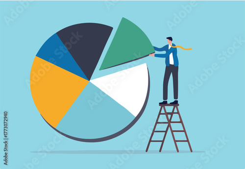Investment asset allocation and rebalance concept, businessman investor or financial planner standing on ladder to arrange pie chart as rebalancing investment portfolio to suitable for risk and return