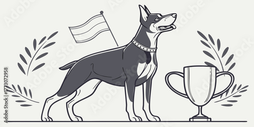 Black and white vector drawing of a cute wild wolf and dog as pets or a puppy illustration with a tail for animal art