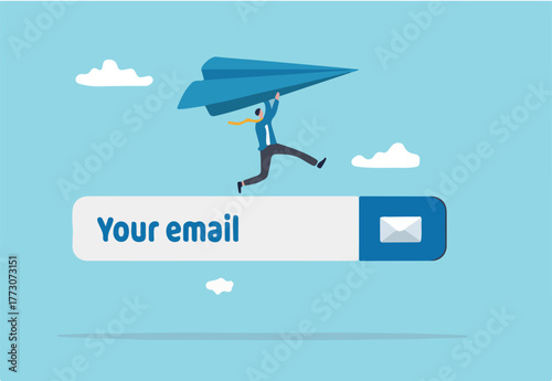 Email subscription to send newsletter for promotion and product update, online communication and marketing concept, businessman launching origami paper airplane on email subscribe form on website.