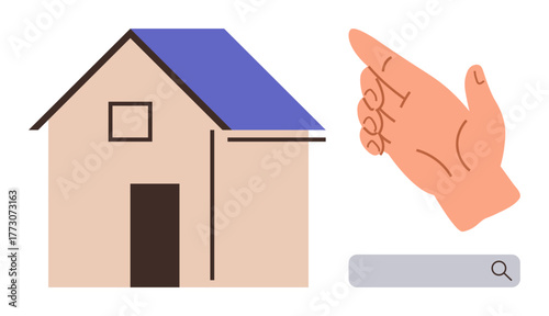 Hand pointing at a house with a blue roof and search bar, symbolizing real estate, home search, online property browsing, research, investment, decision-making, digital technology. A simple flat