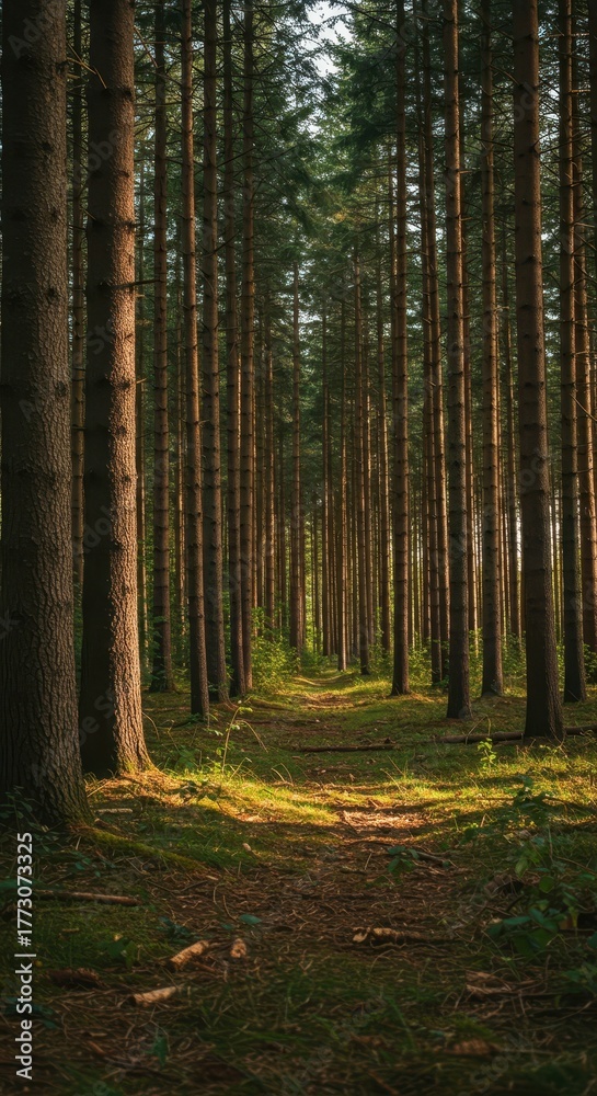 Fototapeta premium Vast, dense woodland area filled with tall pine and spruce trees growing upward, managed sustainably for future wood material harvesting and production ,green ,growth ,timber