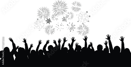 Silhouette of a crowd cheering and watching fireworks display celebration of new year, independence day or other holiday