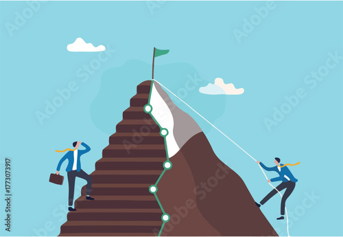 Easy and hard way to success, journey to achieve target or mission accomplish, choosing path to succeed, way to reach business goal concept, businessmen compete easy and hard way to climb mountain