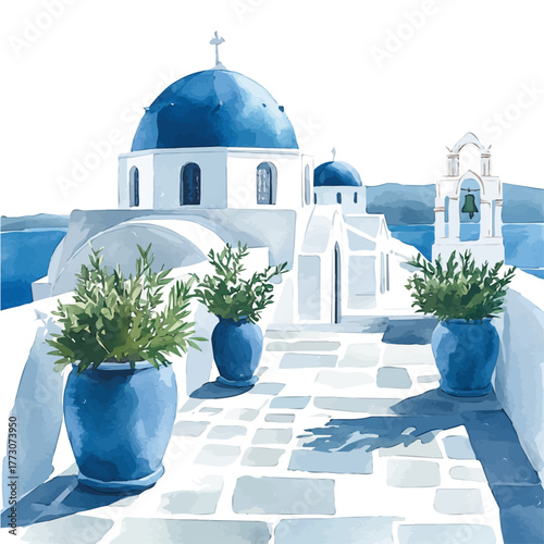 Papier peint watercolor vector of Santorini Island, isolated on a white background