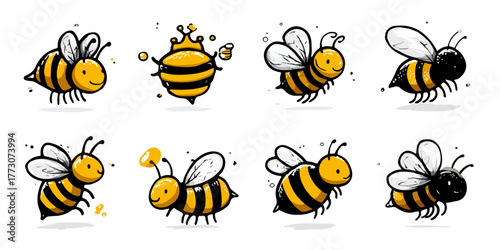  cartoon bees with striped bodies and wings in various playful poses