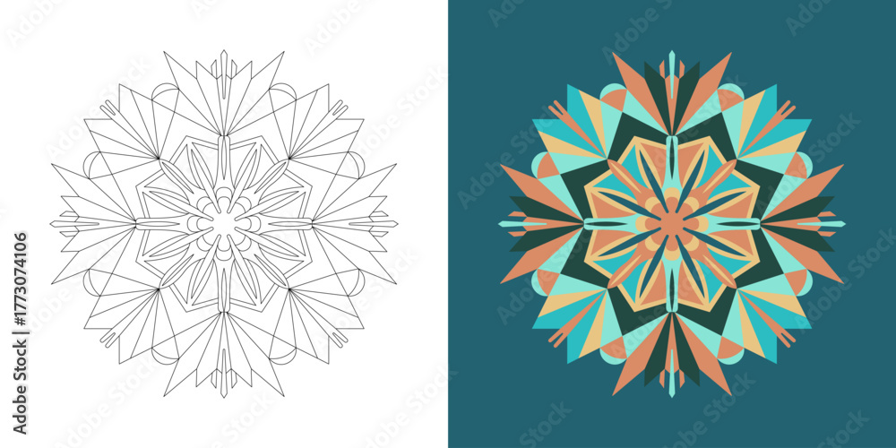 Obraz premium Two pixelated mandala designs, one in black and white and the other in color, showcasing intricate geometric patterns and a retro aesthetic, perfect for digital art