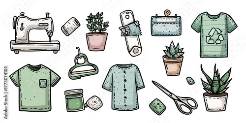 Hand drawn collection of sewing and crafting items with plants and eco friendly t shirts