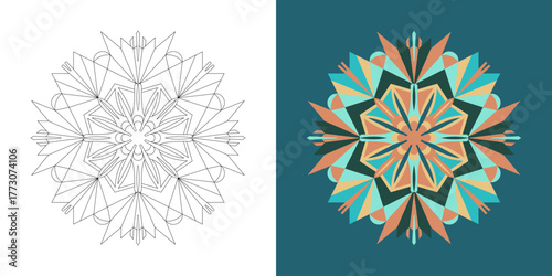 Two pixelated mandala designs, one in black and white and the other in color, showcasing intricate geometric patterns and a retro aesthetic, perfect for digital art