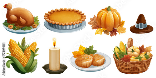 Collection of thanksgiving holiday food and decorations isolated on white background