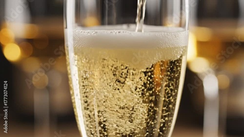 Sparkling champagne being poured into a glass with blurred glasses in the background
