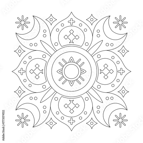 Detailed mandala design featuring celestial elements and intricate patterns, perfect for coloring and promoting mindfulness and artistic expression