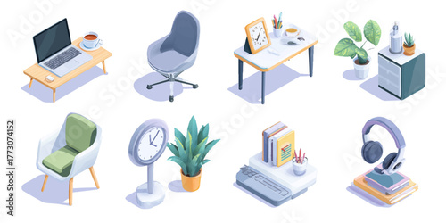 Isometric illustration of modern home office furniture and accessories in a clean bright style