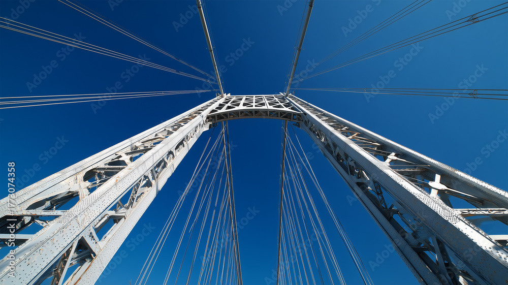 Fototapeta premium 重厚な鉄骨吊り橋支塔が真っ青な空に伸びる情景