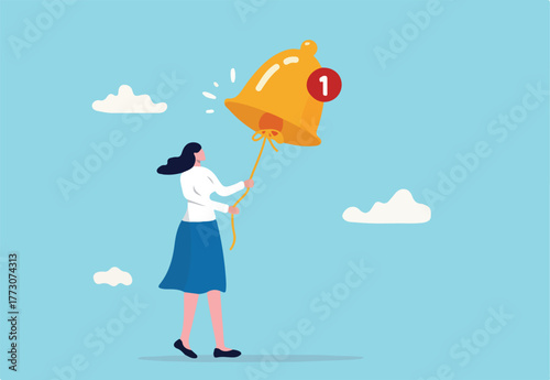 Ring subscription bell to get reminder for new social media content, young woman new subscriber ringing the big bell with notification number.