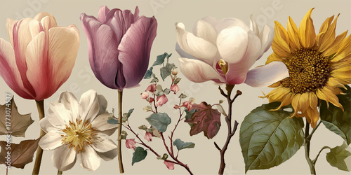 A beautiful arrangement of diverse blooming flowers in a soft muted color palette