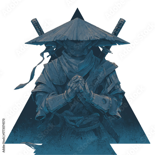 Mysterious samurai warrior in traditional armor and conical hat holding hands together