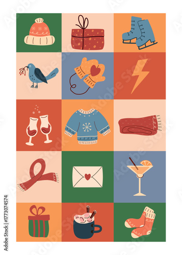 checket,  glass, gift, clothes, letter, mug. winter concept,  card, cute illustration.  hand drawn doodles are isolated on a white background. A trend concept for print, banner, social network, poster