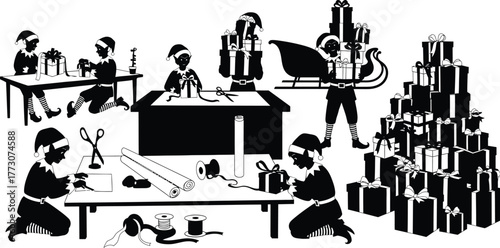 Santas workshop bustling with elves preparing gifts, wrapping presents, and loading sleighs for christmas