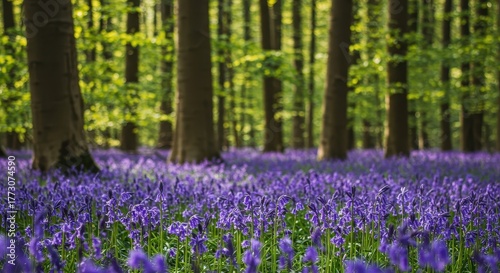 A stunning natural carpet of vibrant bluebell flowers covering the forest floor under bright springtime light creating an idyllic scene, growth, natural, idyllic