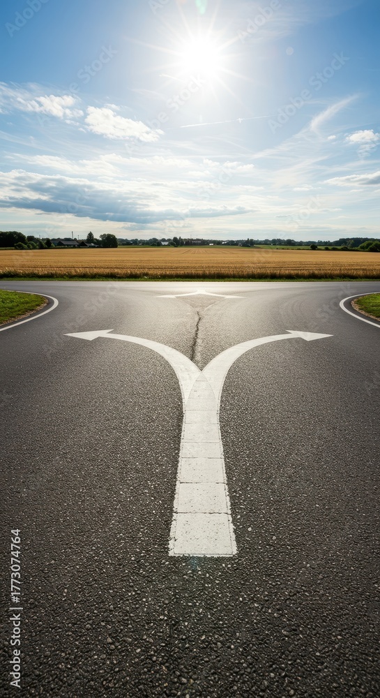 Fototapeta premium An empty asphalt four-way intersection on a sunny day surrounded by fields, symbolizing decision making and different possible future directions, choice, long, opportunity