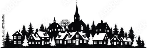 Silhouette of a snowy village with church and houses, perfect for christmas cards and winter holiday designs