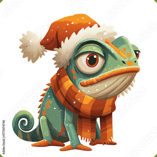 Vector illustration of chameleon wearing Santa hat and warm scarf with, isolated on a white background, perfect for holiday and children designs