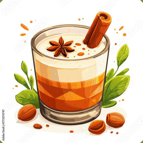 Vector illustration of a glass of eggnog with cinnamon stick, nutmeg, and spices, isolated on a white background. Vector illustration of winter beverage on white background