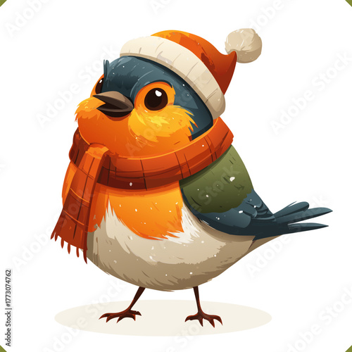 Vector illustration of bullfinch wearing warm hat and scarf, isolated on a white background, perfect for holiday cards and kids designs