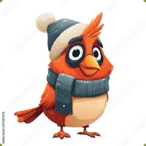 Vector illustration of cardinal bird wearing warm hat and scarf, isolated on a white background, perfect for holiday and seasonal greeting designs