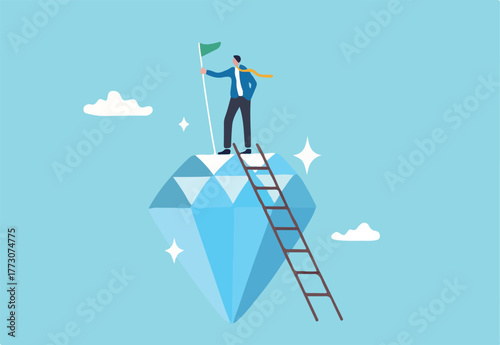 Value proposition, company value in marketing term of benefit for customer to buy product and service, quality or advantage concept, businessman holding winning flag on precious high value diamond.