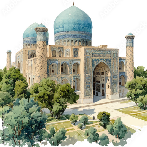 watercolor vector of Samarkand Registan, isolated on a white background.