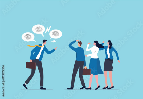 Deal with difficult people, bossy manager or trouble employee, tough or complicated colleague, confusion or conflict concept, frustrated business people dealing with difficult and fussy coworker.