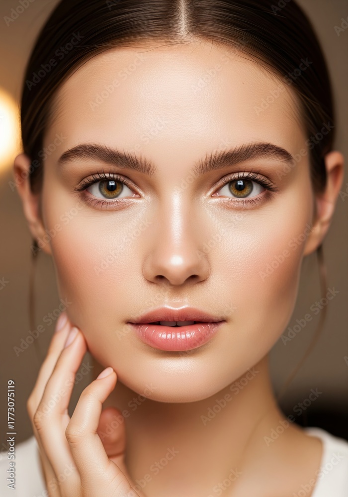 Fototapeta premium Captivating close-up portrait of a serene young woman with radiant, healthy skin, reflecting natural beauty and elegance, ideal for skincare and wellness concepts