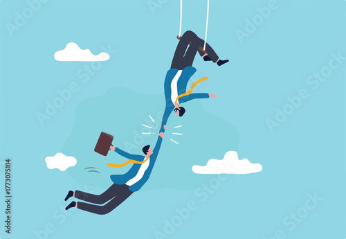 Trustworthy and honesty to believe in work together, integrity or trust for partnership, support and reliable to help success together concept, businessman acrobat hold hand tight by trusted partner.