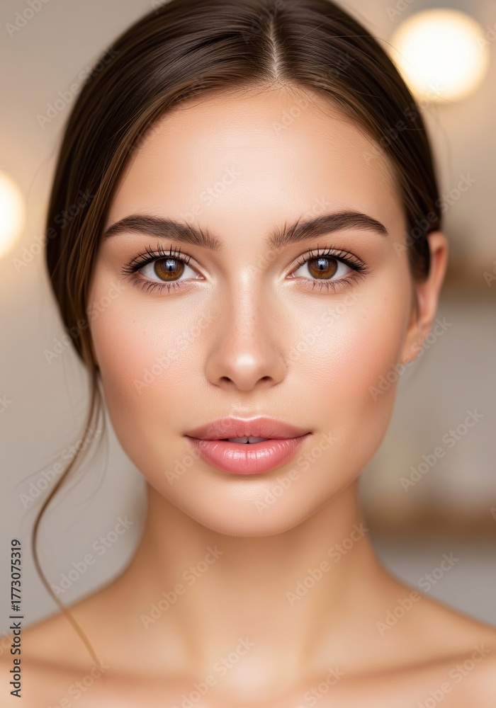 Fototapeta premium Portrait of a young woman with natural makeup, showing flawless skin and gentle eyes, exuding a sense of calm and beauty
