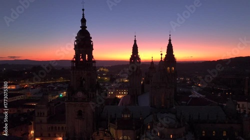 Aerial view of famous Cathedral of Santiago de Compostela. Travel destination of Camino de Santiago in Galicia, Spain.