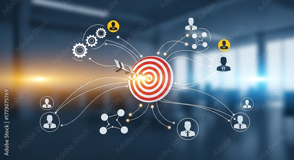 Fototapeta premium Business strategy and target achievement with network connection and people icon