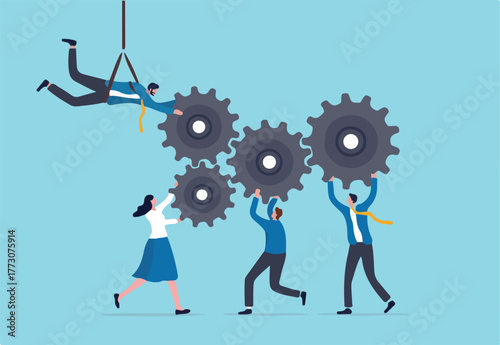 Collaboration or cooperate for team success, working together as teamwork to solve problem and achieve target concept, businessman and businesswoman team up to help connect gear or cogwheels together