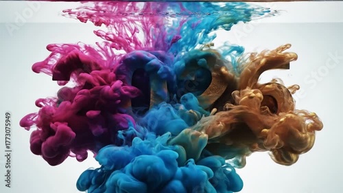 Vibrant ink swirling in water, creating colorful patterns and textures, with a smooth surface backdrop