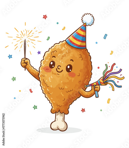 Southern fried chicken cartoon vector illustration. Cute fried chicken leg mascot celebrating party, New Year. Drumstick with party hat and sparkle. Fast food birthday celebration vector art graphic